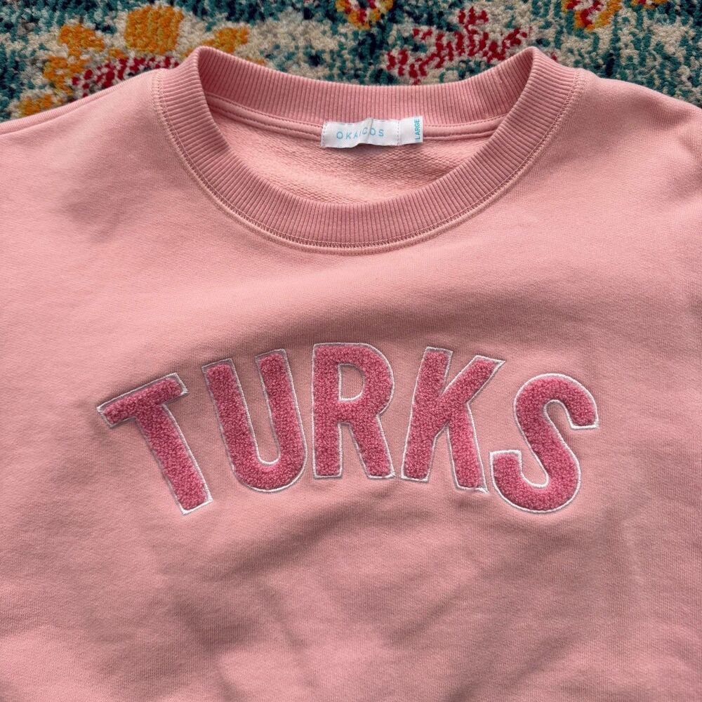 Okaicos Pink Turks Embroidered‎ Cropped Crewneck Sweatshirt Size Large